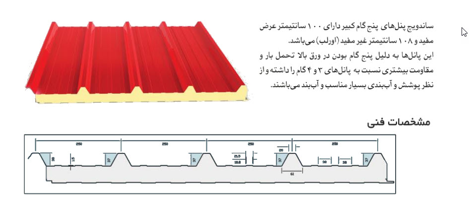 ابعاد ساندویچ پانل سقفی 5 گام